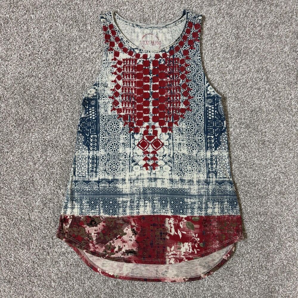 Lucky Brand Tank Top Womens XS Red Blue Geometric Embroidered Boho Aztec Western